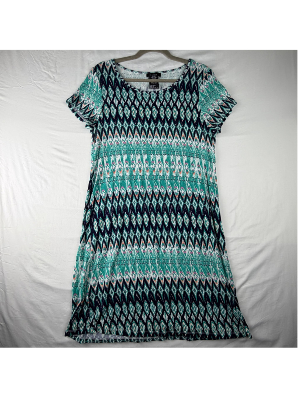 u-knit Green Black Aztec Print Short Sleeve TShirt Dress Missy L Boho Summer